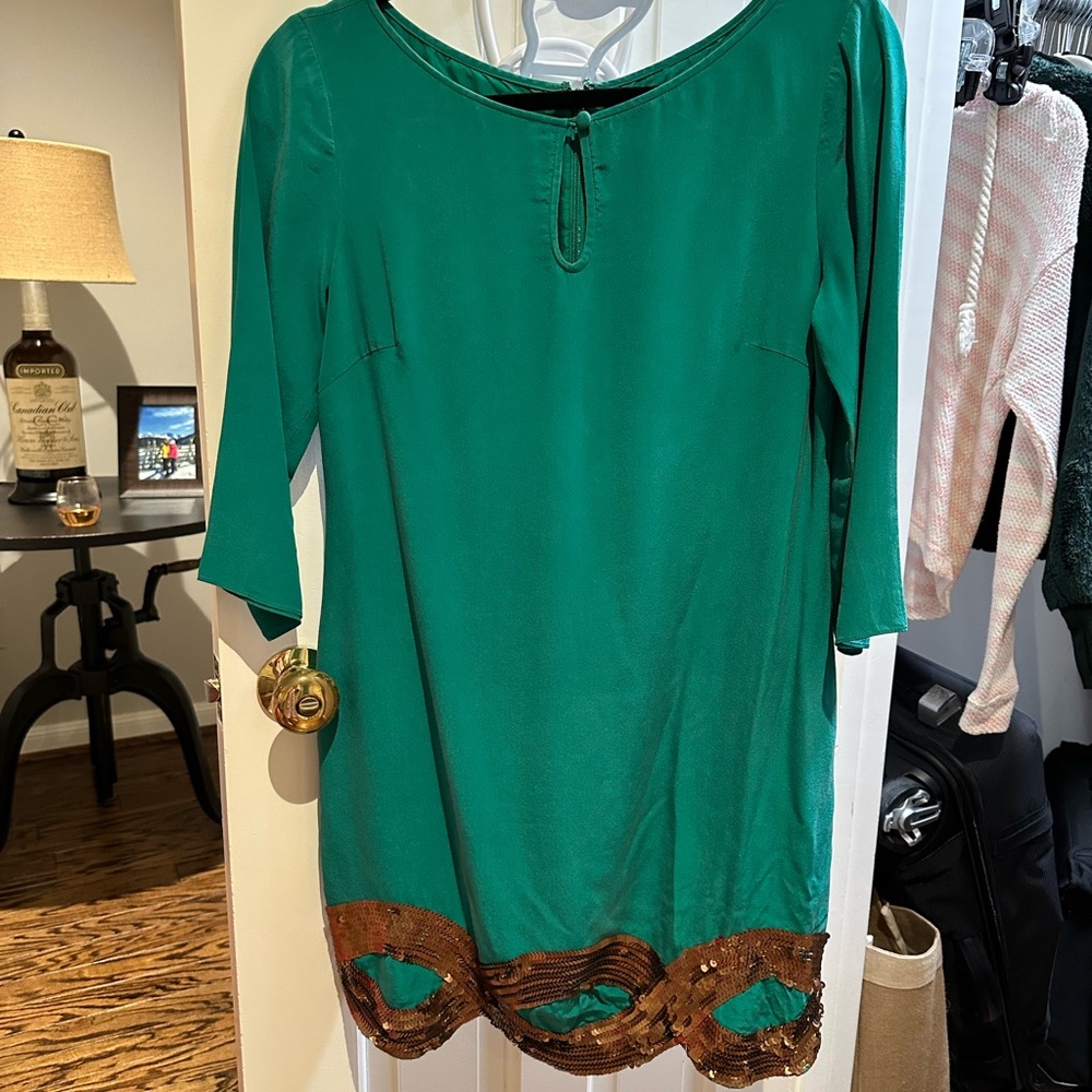 Emerald green with bronze sequins Trina Turk cocktail dress